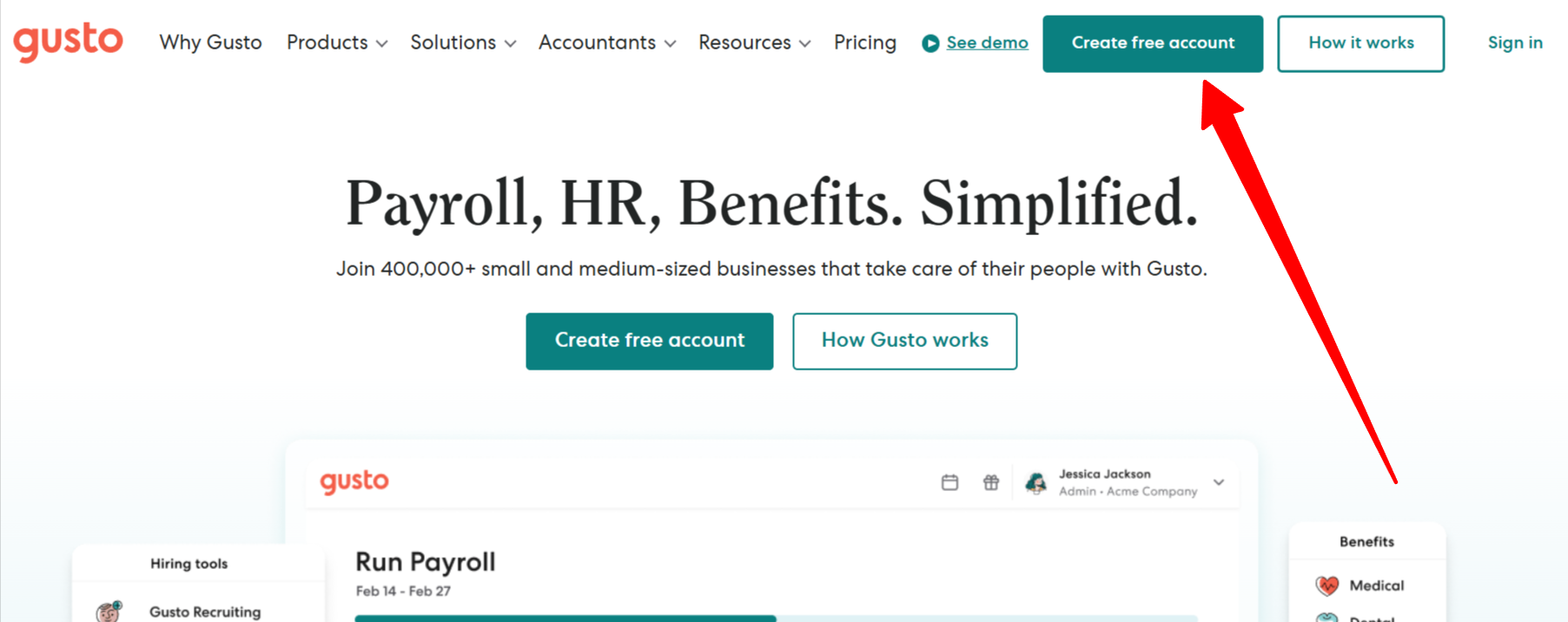 Gusto visit official website interface